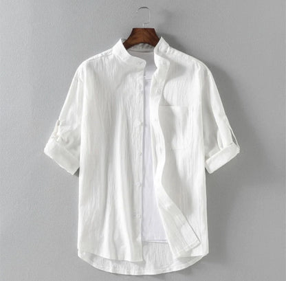 Men's linen stand collar loose shirt in white, black, and green with embossing detail