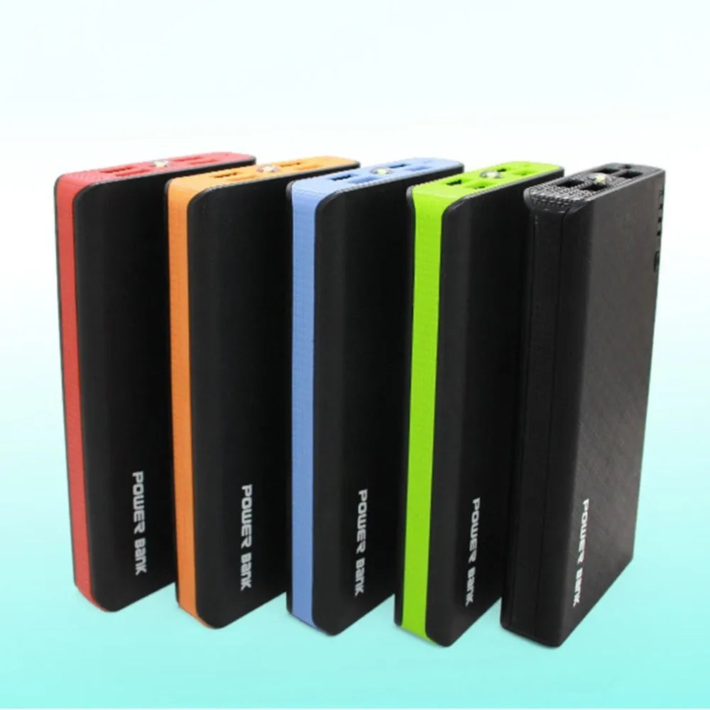 A 20000mAh portable power bank in multiple colours, showing its compact size and fast-charging ports.