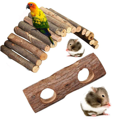 Natural pine wood hamster chew toy with multiple holes for small pets