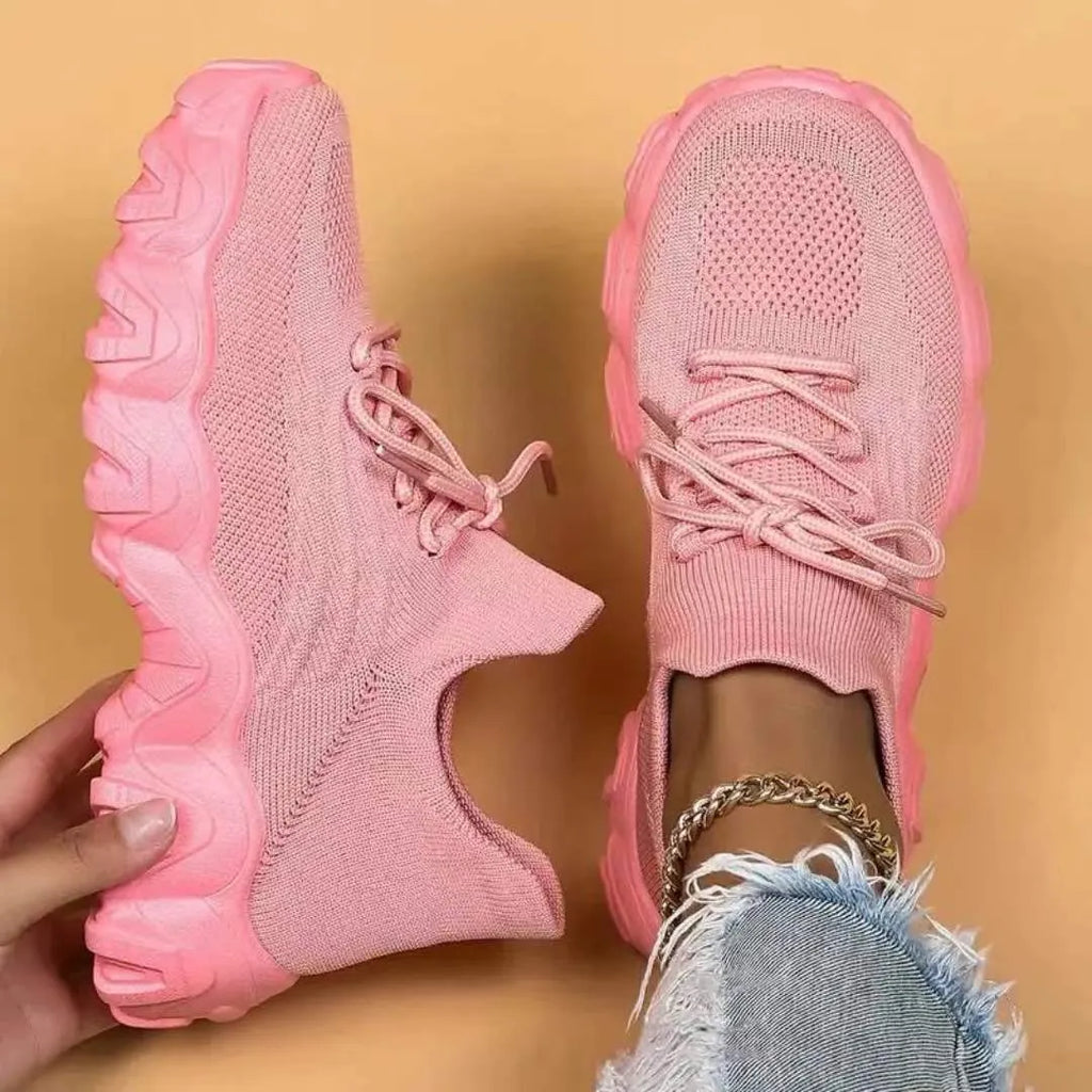 Plus size women's fly-knit sports shoes with platform heel, breathable mesh upper, available in multiple colours