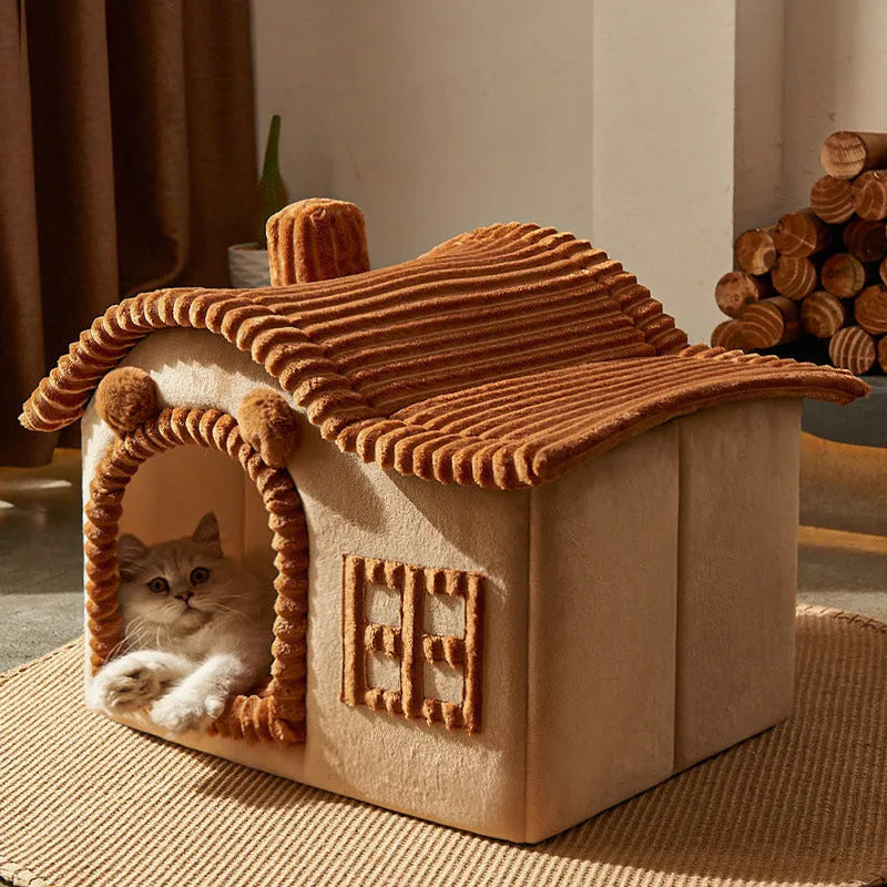 Enclosed PP cotton cat litter box in grey, styled as a warm villa, with open front entry