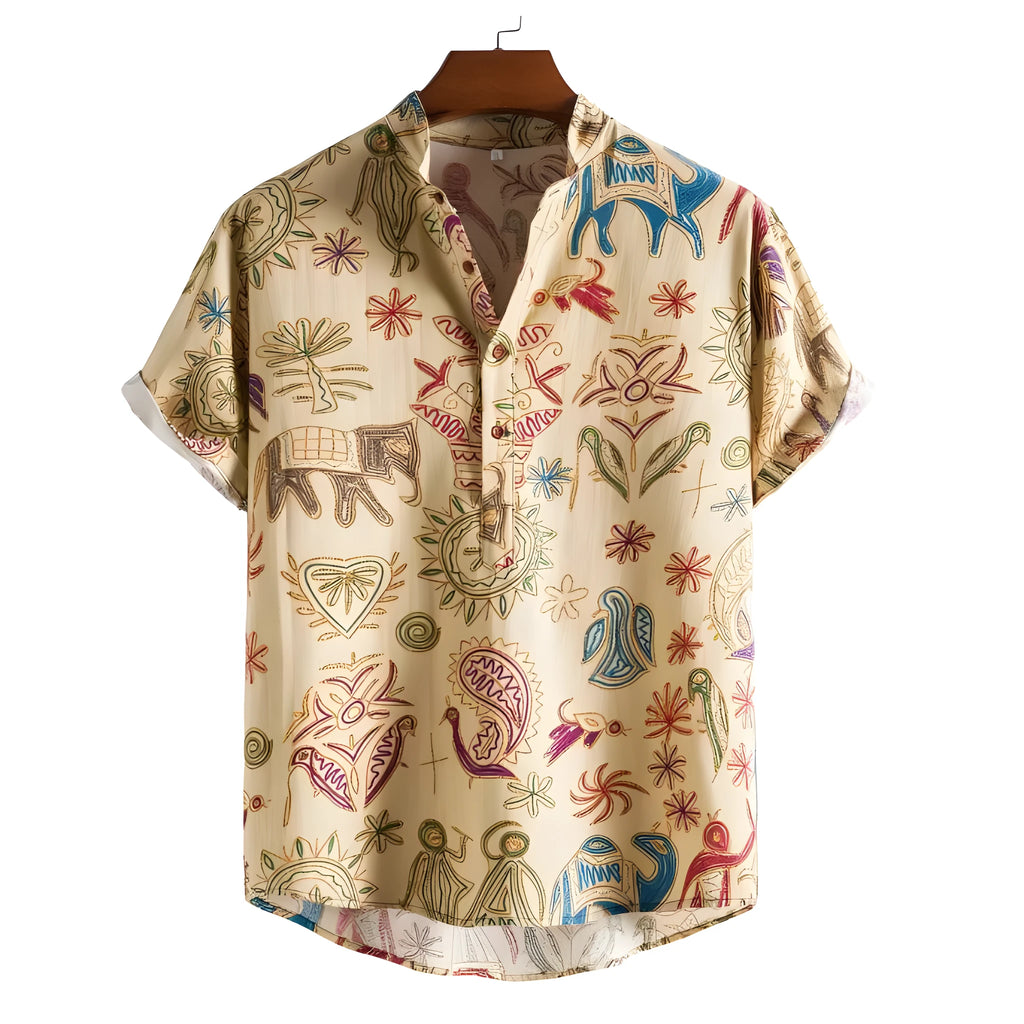 Plus size men's loose cardigan shirt with a colourful 3D digital print pattern.
