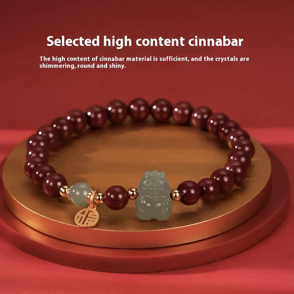 Natural Hetian Jade cinnabar bracelet with 8mm beads in Emperor sandstone style.