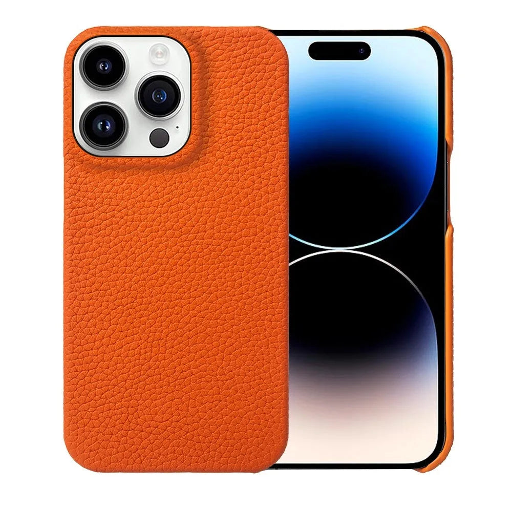 Genuine leather half pack phone case for iPhone 16 in orange with anti-fingerprint finish