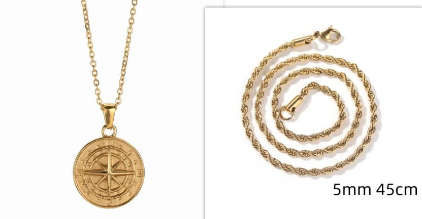 Stainless steel compass circular necklace with electroplated finish in gold and steel options