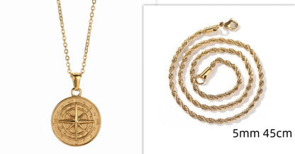 Stainless steel compass circular necklace with electroplated finish in gold and steel options