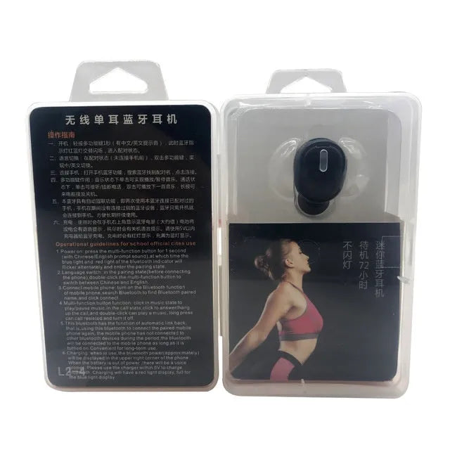 X9 single ear Bluetooth wireless headset in black or white, showing compact earplug design.
