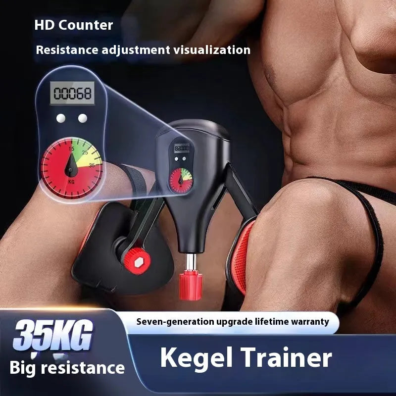 Men's black Kegel trainer for PC muscle exercise with optional handle and straps.
