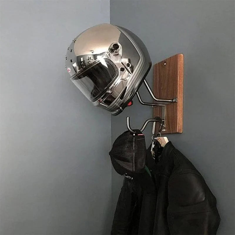 Sturdy black motorcycle helmet rack jacket hook mounted on wall