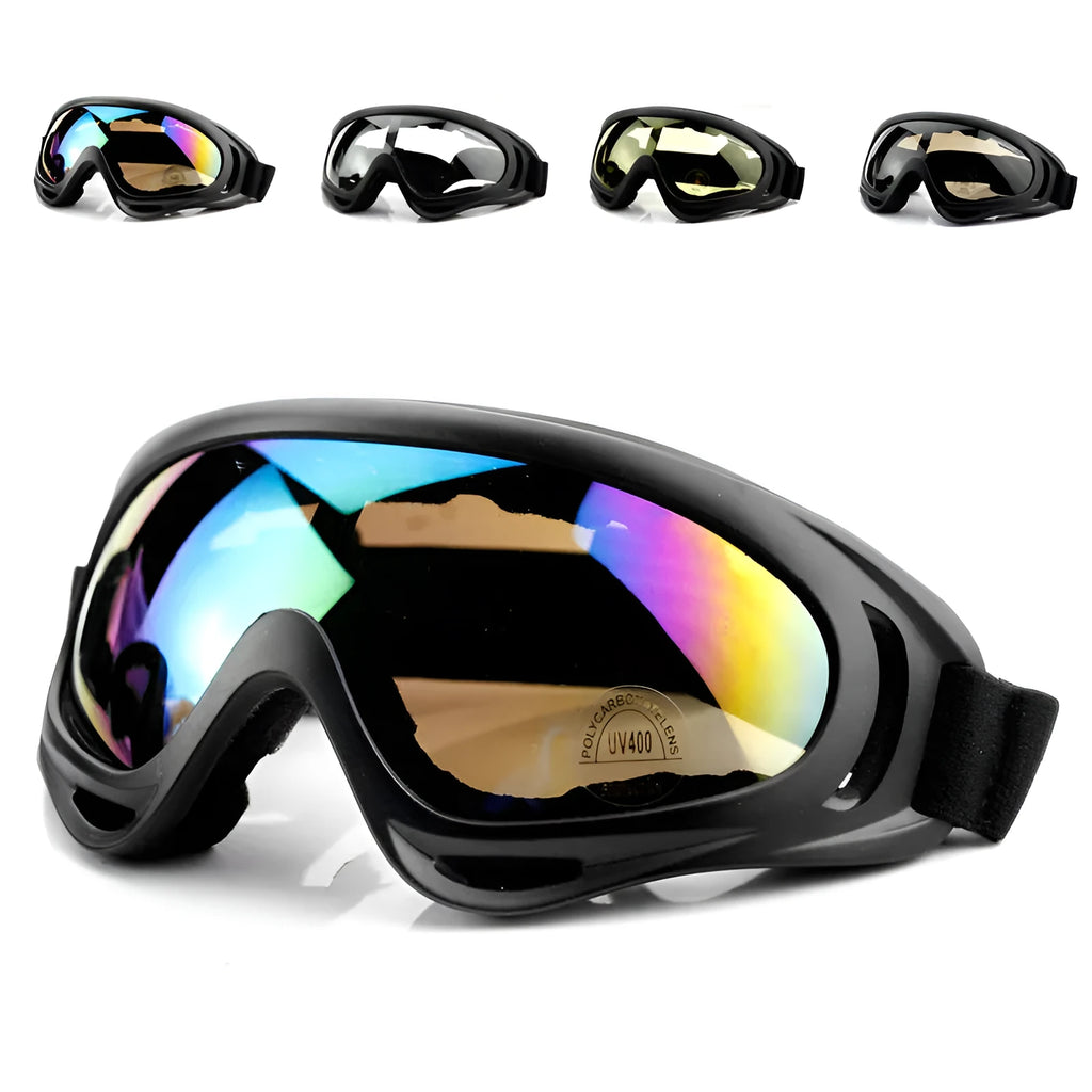 X400 motorcycle sand goggles with transparent PC lens on a rider wearing a helmet outdoors