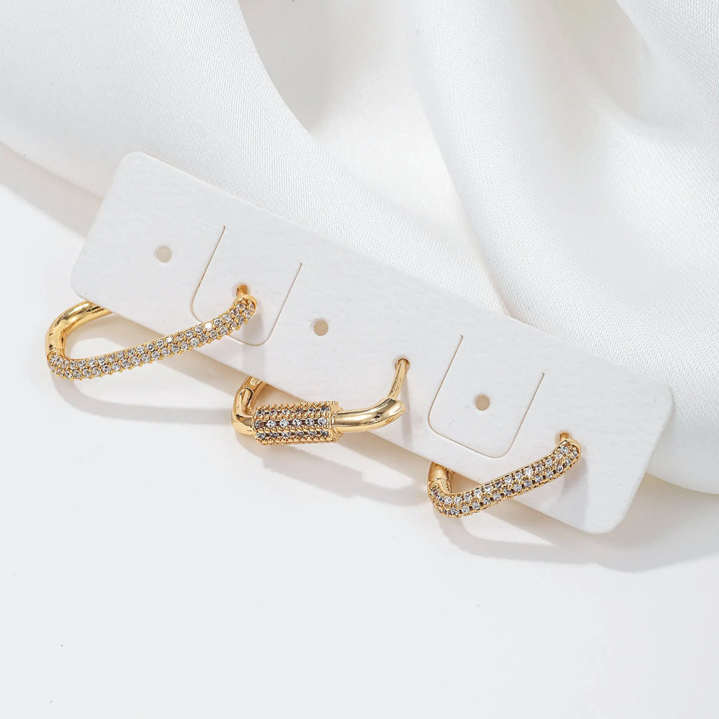 Geometric copper ear clip earrings three-piece set with inlaid zircon stones in gold or white colour