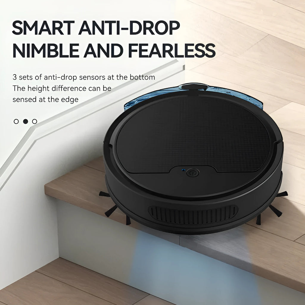 Intelligent sweeping robot in black with large water tank and planning cleaning line technology, 2000 Pa suction, app and remote control