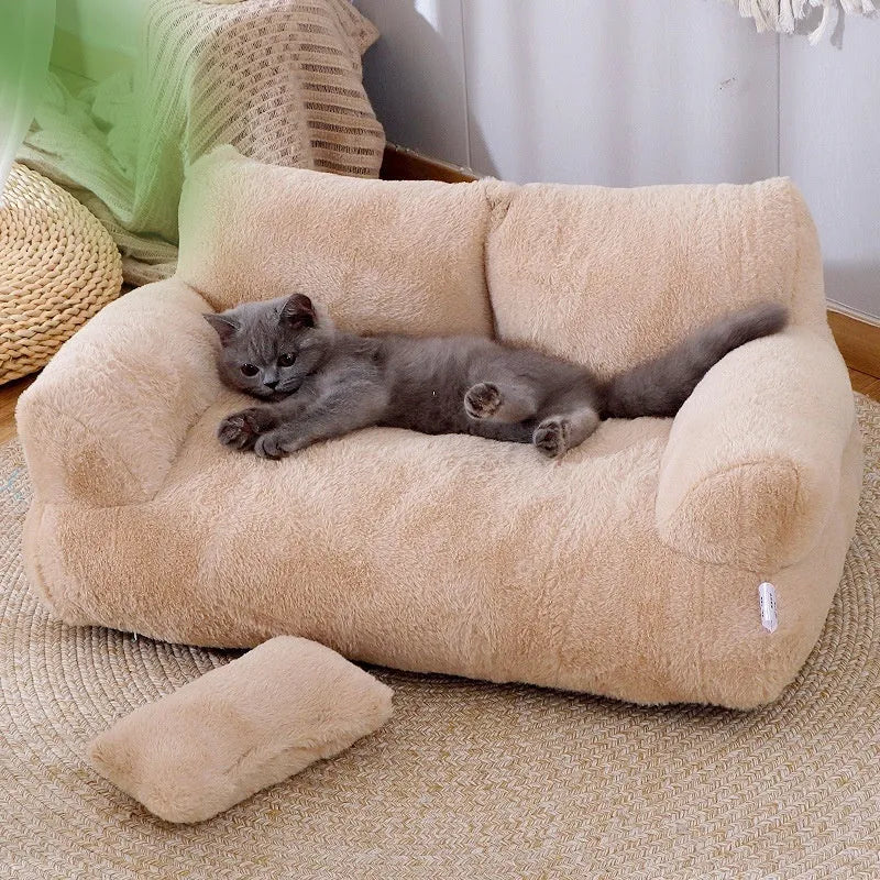 Luxury cat bed sofa in mousse coffee colour with thick backrest and plush pillow on anti-slip base