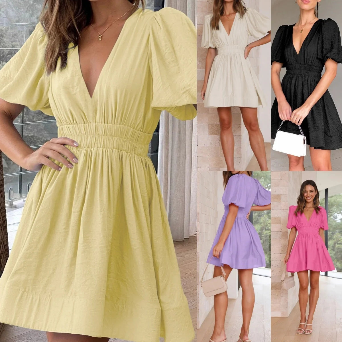 Women's summer V-neck lantern sleeve dress in light yellow, showcasing sweet waist trimming and A-line skirt design