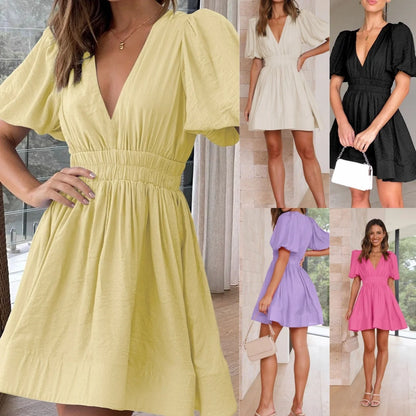 Women's summer V-neck lantern sleeve dress in light yellow, showcasing sweet waist trimming and A-line skirt design