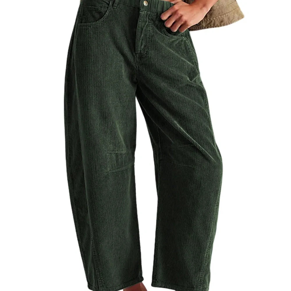 Women's straight-leg corduroy trousers in dark green with loose fit through hips and thighs