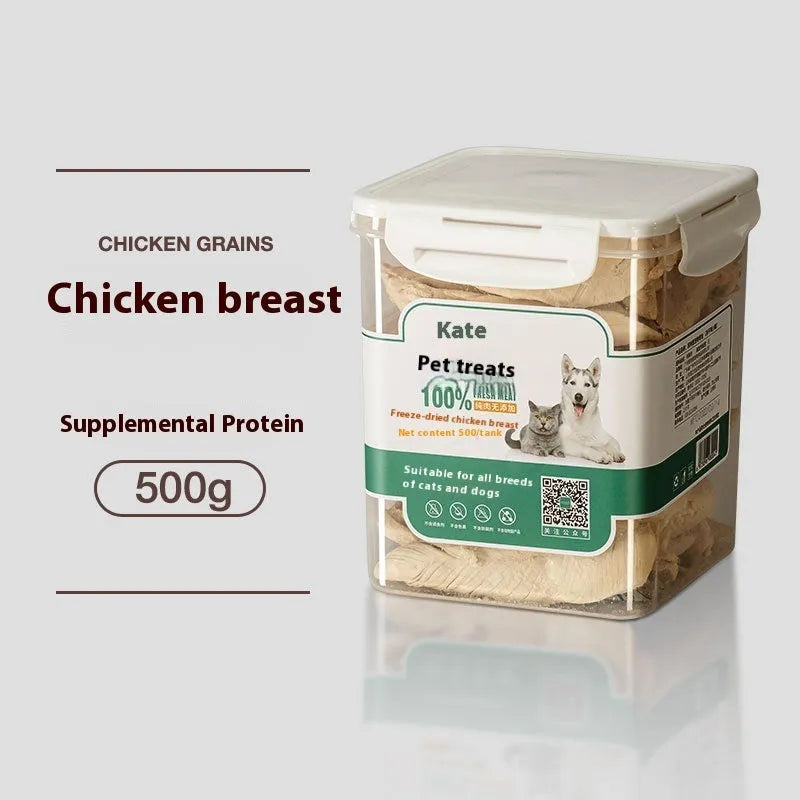 500g bag or barrel of freeze-dried chicken nugget cat treats on a plain background