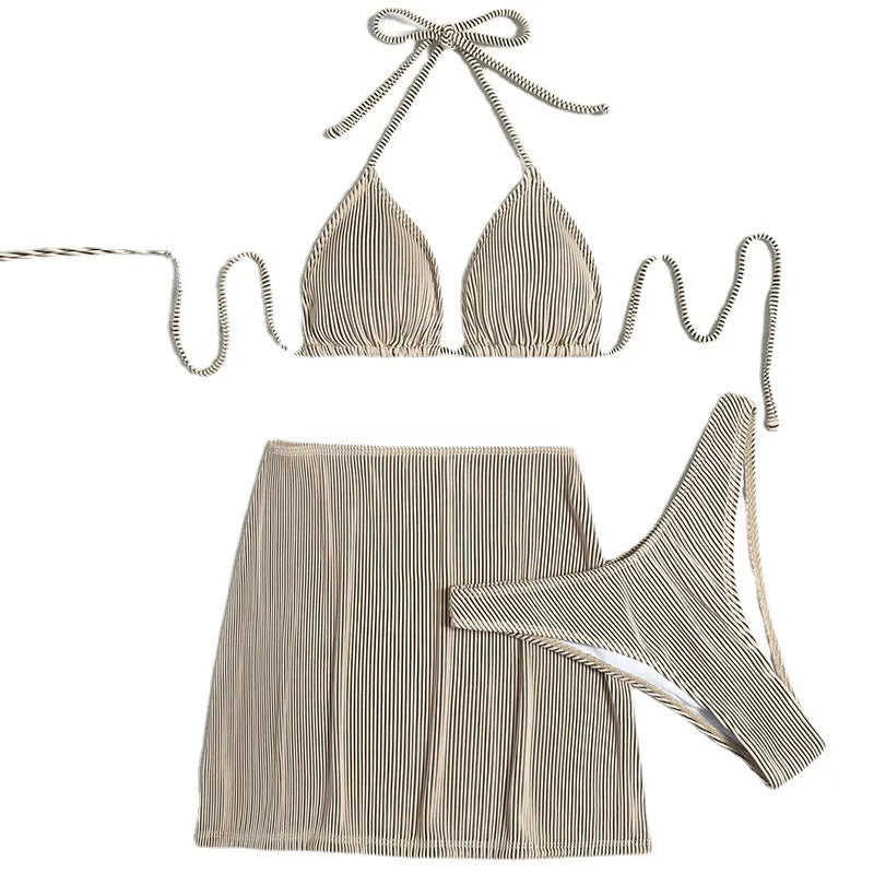 Three-piece ribbed fabric bikini swimsuit set on a hanger