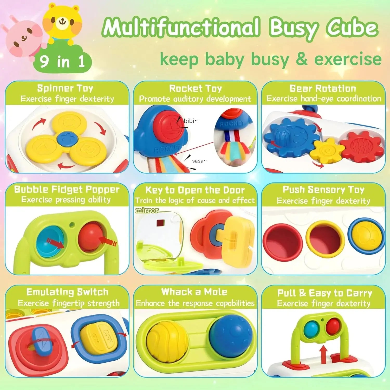 9-in-1 busy cube plastic sensory toy for toddlers aged 1-3 years, eight-sided design with multiple fidget activities
