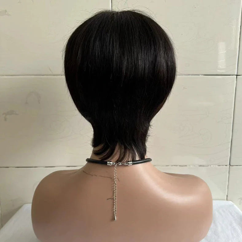 Short straight human hair wig with side bangs measuring 30cm in length, weighing 180g for lightweight wear, featuring natural black colour that accepts heat styling up to 180°C without damage