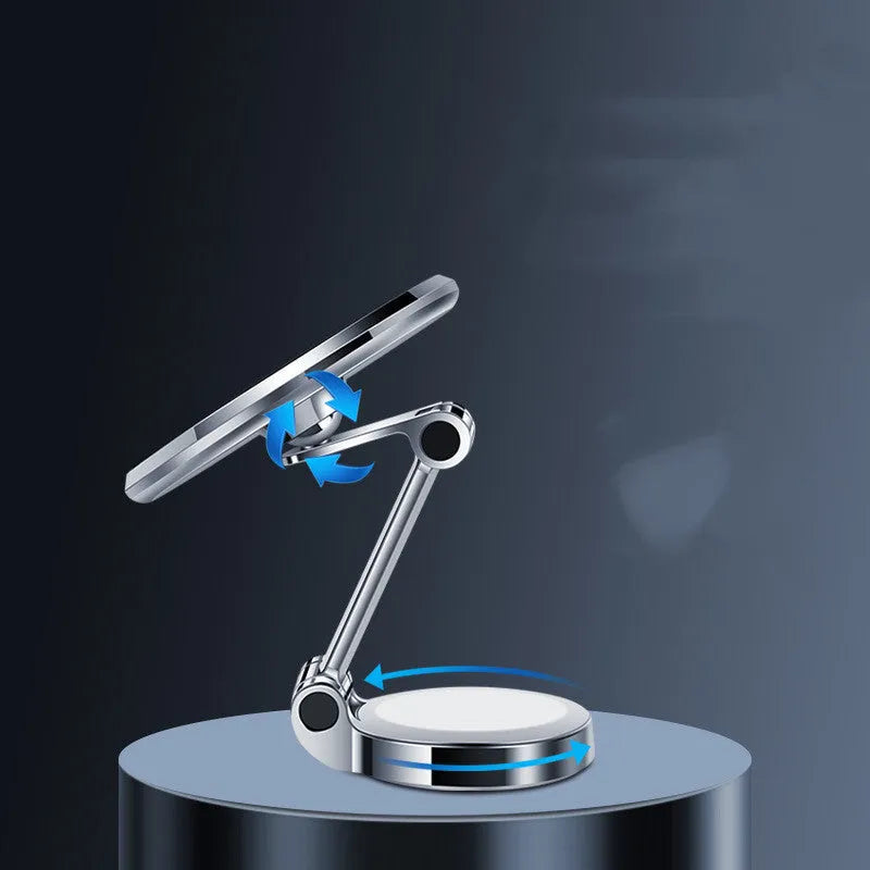 Car dashboard phone holder with flexible clip and 360-degree swivel mount in black.