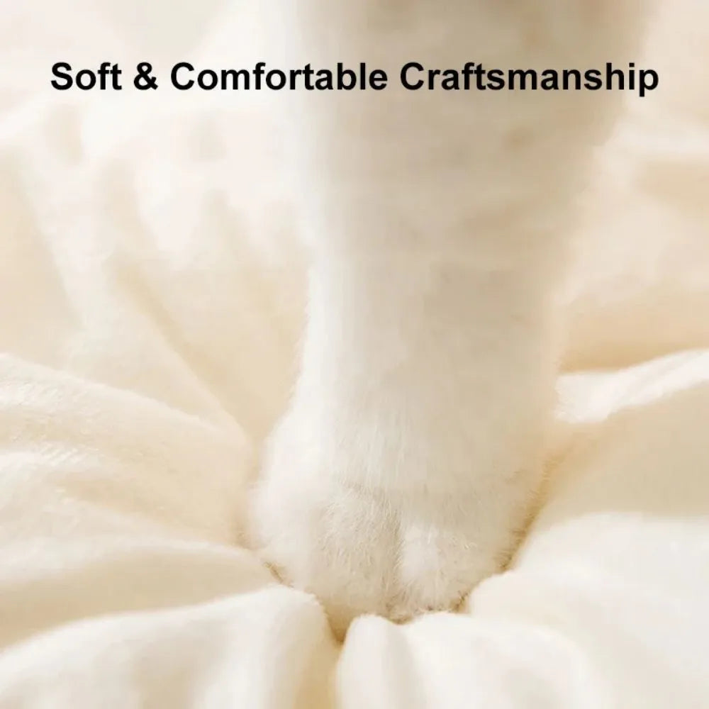 Green insulated cat tent pet bed with fleece blanket, shown in a home setting.