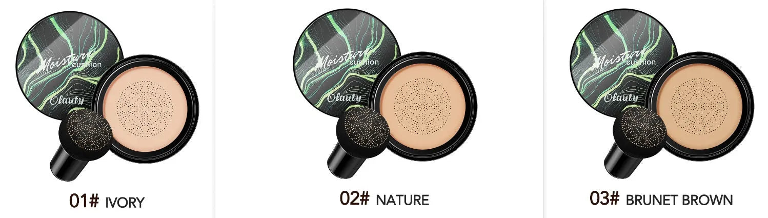 Air cushion BB cream foundation concealer in compact case with mushroom sponge, Ivory 01 and Natural 02 shades