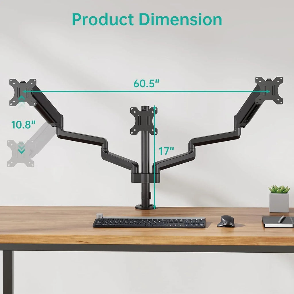 Black aluminium alloy three-arm gas spring monitor mount for 13-27 inch screens