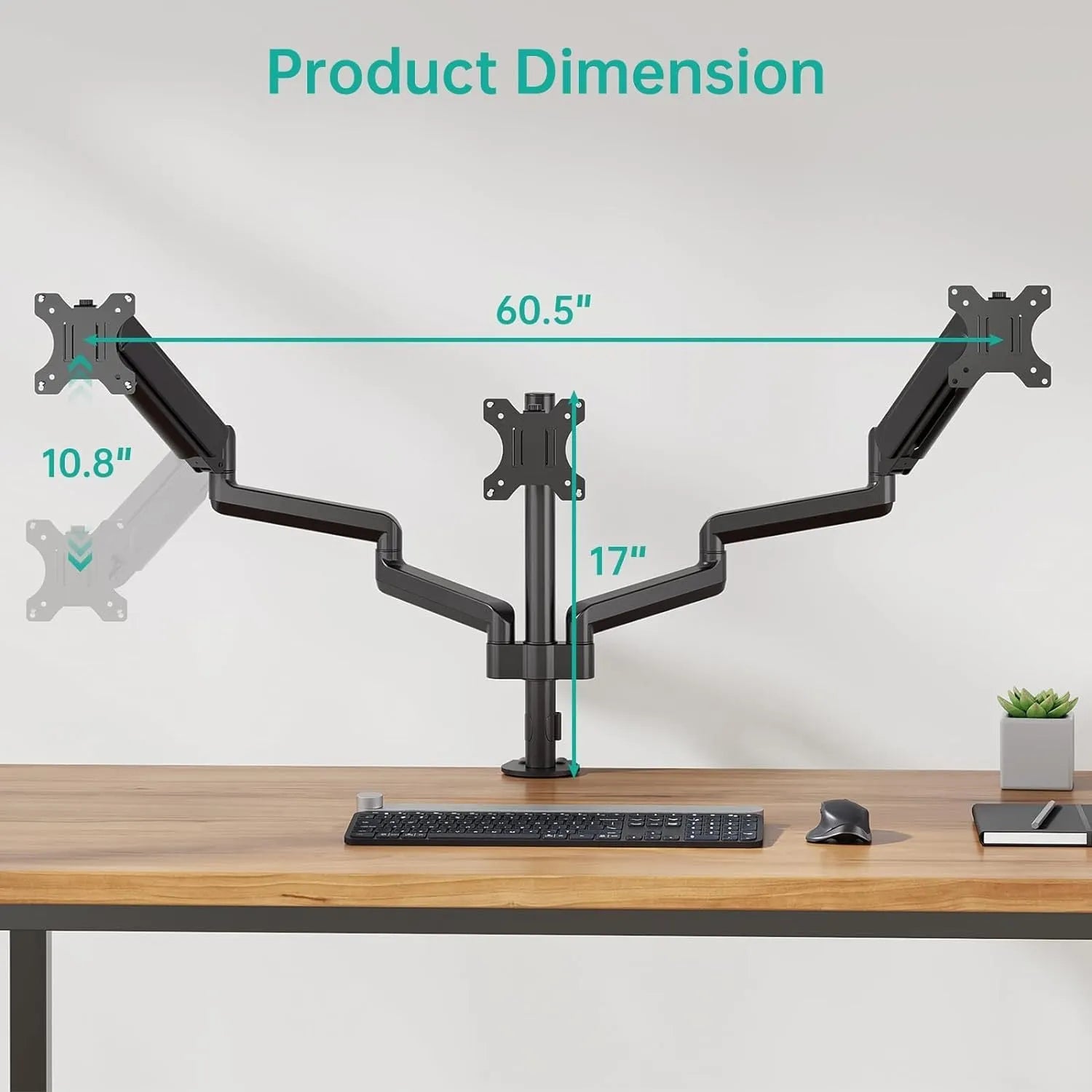 Black aluminium alloy three-arm gas spring monitor mount for 13-27 inch screens