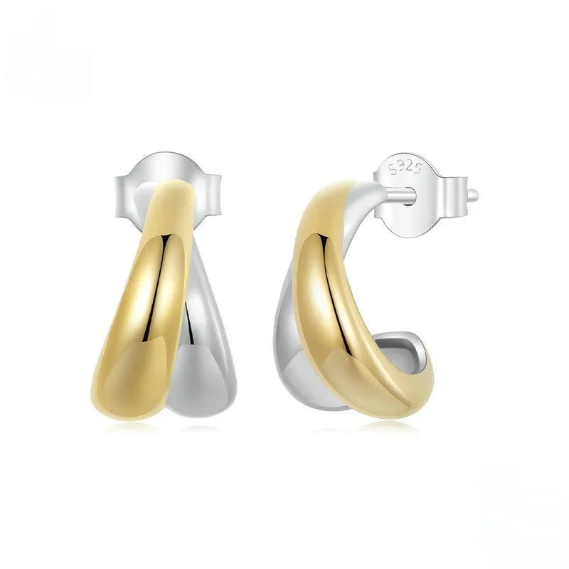 Double ring plain ornament earrings in 925 sterling silver with electroplated finish, women's jewellery