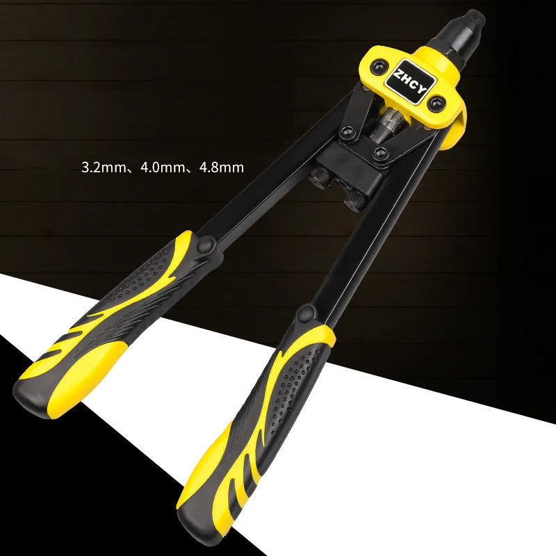 Yellow 13-inch manual rivet gun with built-in interchangeable tips for household DIY projects.