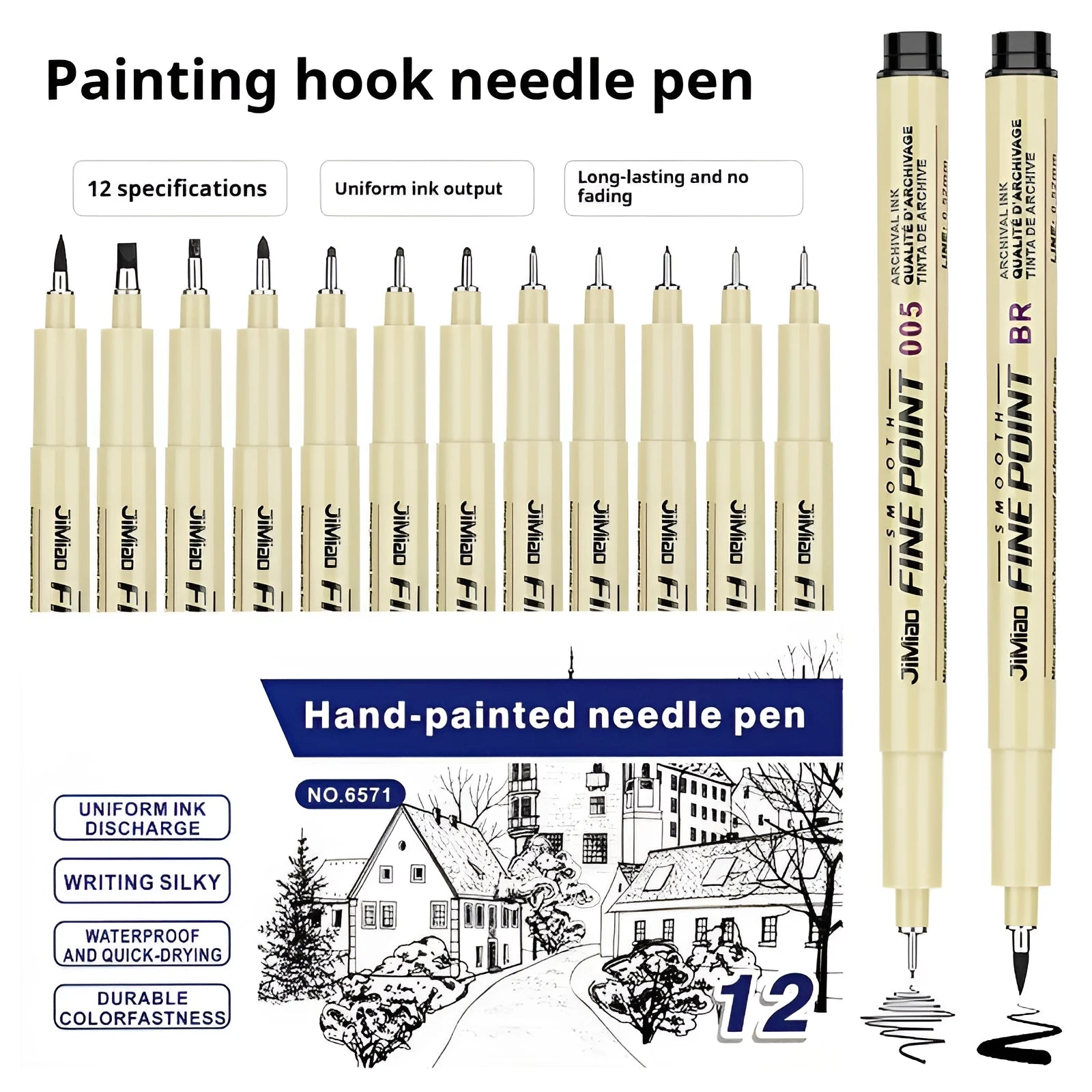 Waterproof needle drawing pen with cartoon syringe design and black ink for sketching artwork