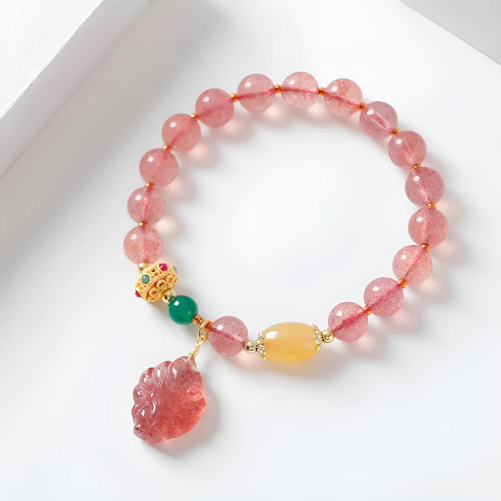 Women's strawberry quartz crystal beaded bracelet with magnetic clasp in a Nine Tail Fox design.