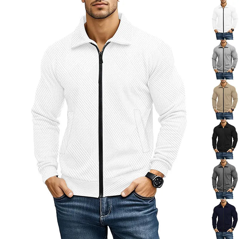 Men's solid colour casual jacket with a textured waffle turn-down collar, shown in multiple colour options.
