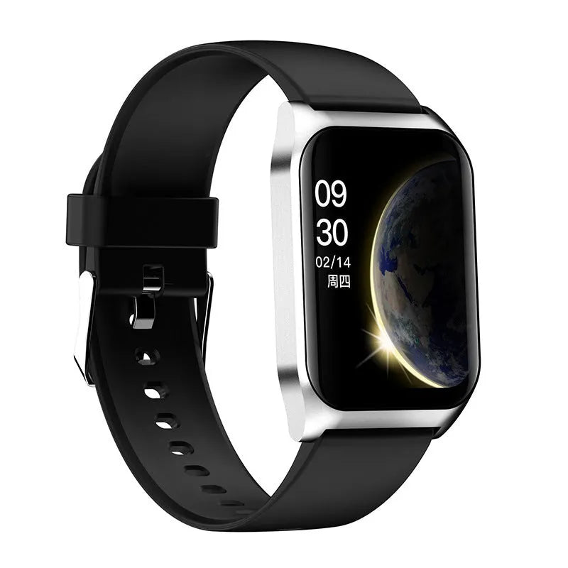 Black smart watch with 1.69-inch touch screen displaying heart rate data on silicone wrist strap