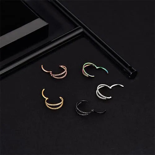 Titanium alloy nose ring with G23 purity and diamond-treated zircon surface in gold or steel colour