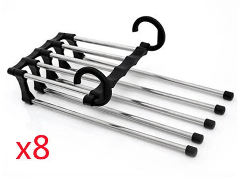 Versatile 5-in-1 stainless steel clothing rack with dual-hook system for organised wardrobe