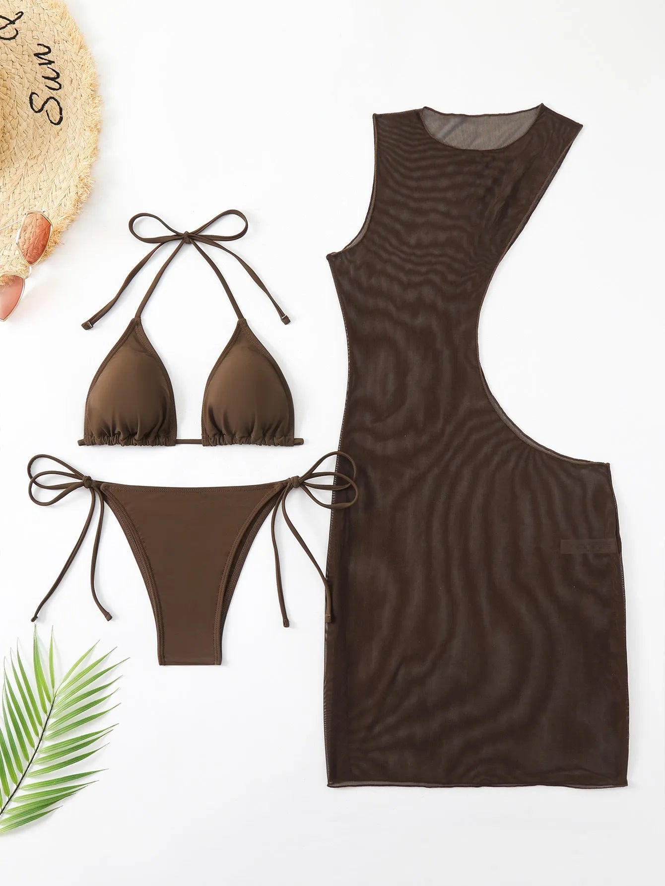 Brown three-piece women's bikini set with split shorts and matching blouse