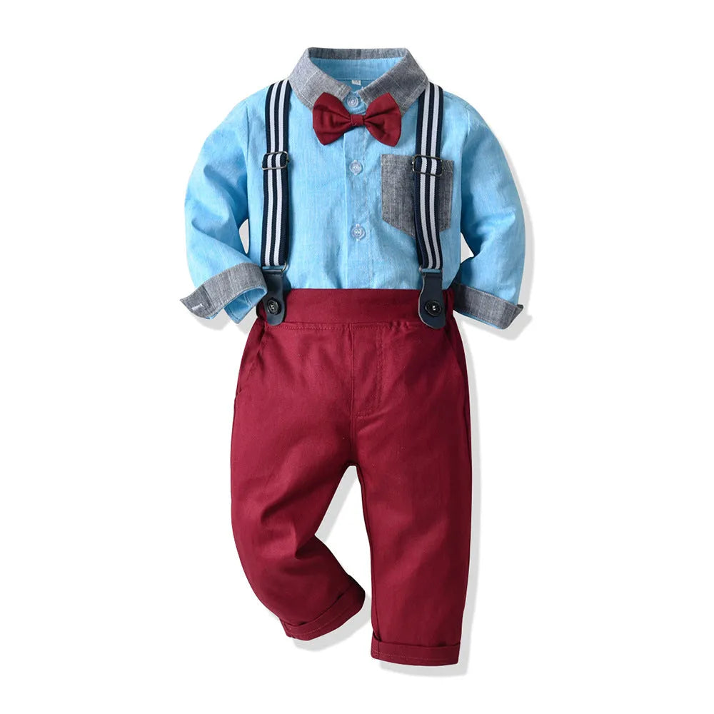 Boys' cotton long sleeved shirt and overalls set in dark green plaid pattern