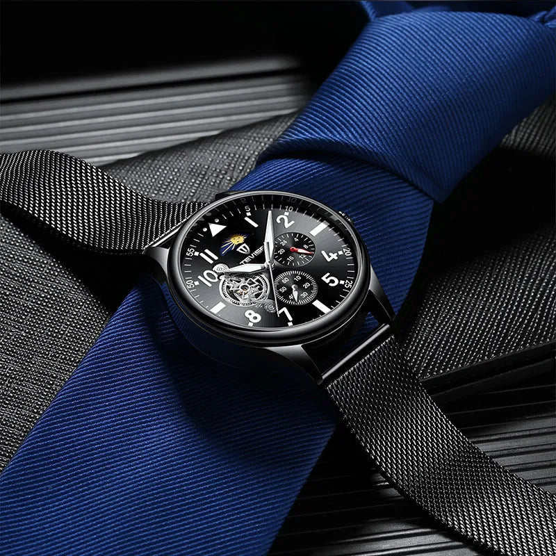 Black men's mechanical watch with moon phase display and luminous hands on alloy case