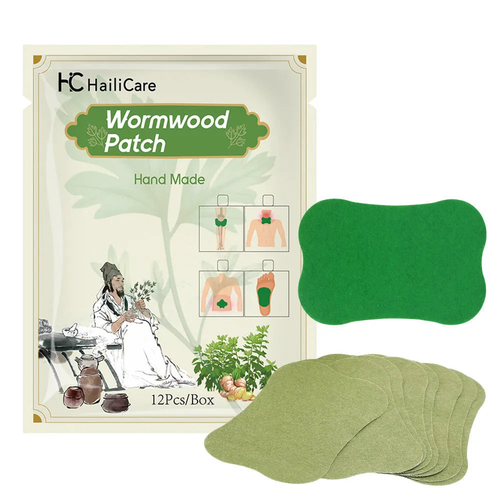 Pack of 12 Chinese mugwort herbal plasters for knee, back, neck, and foot application.
