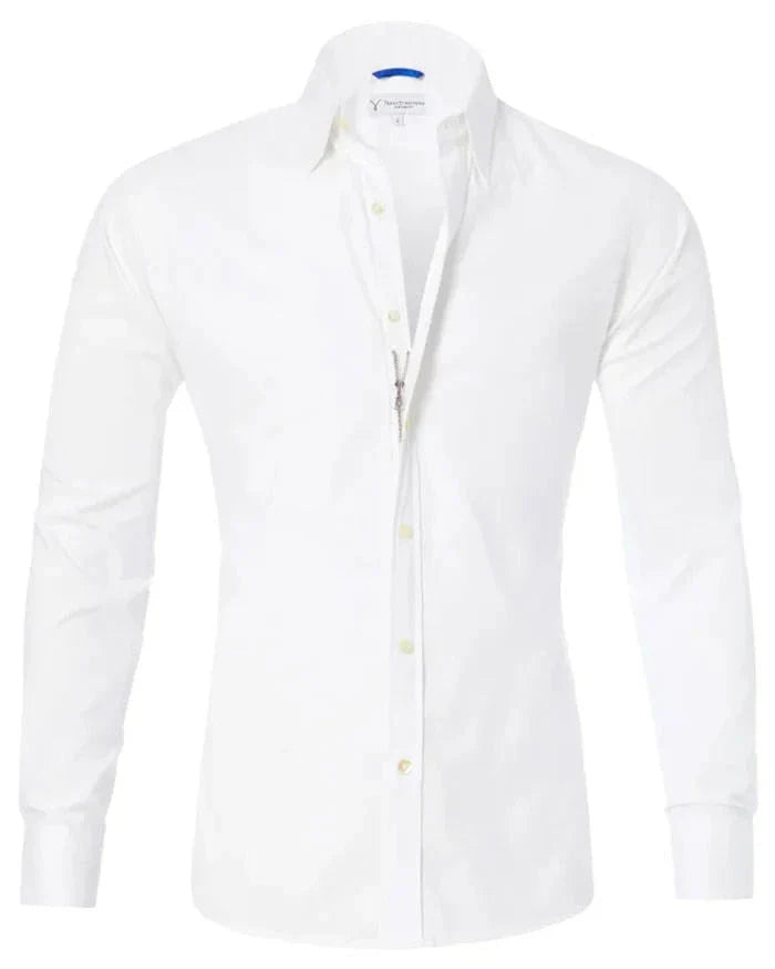 A stylish long sleeve zipper shirt with a button-accented lapel design, made of breathable cotton fabric for men.