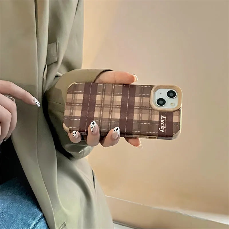 Lambskin plaid letters luck anti-fall silicone phone case for iPhone 13 Pro, light coffee colour, all-inclusive embossed design