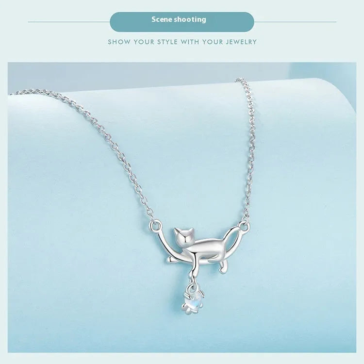 925 sterling silver white gold plated cat pendant necklace on O-shaped chain, adjustable 41-50cm, women's fashion OL style