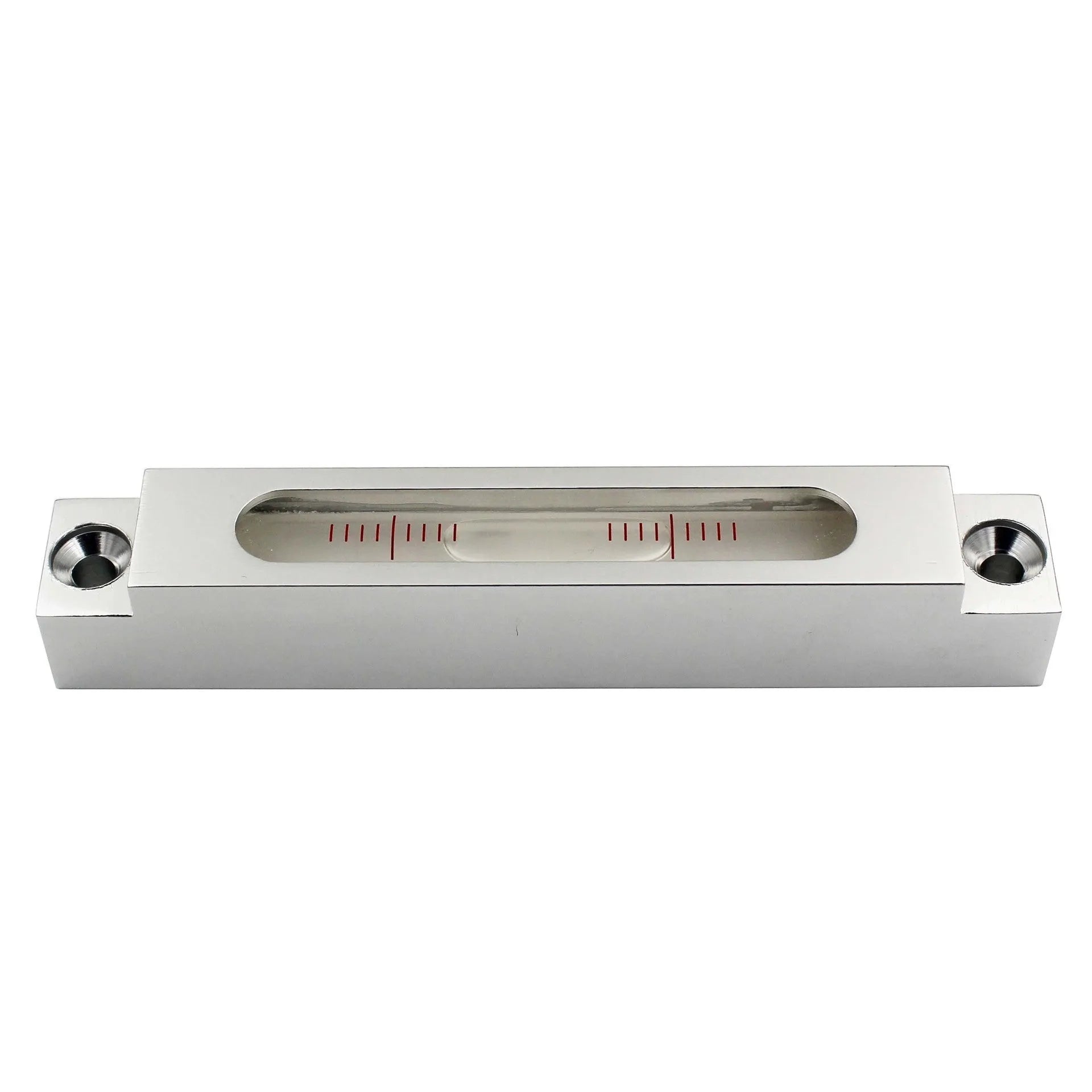 Close-up of a small metal and glass mini strip level showing bubble vials.