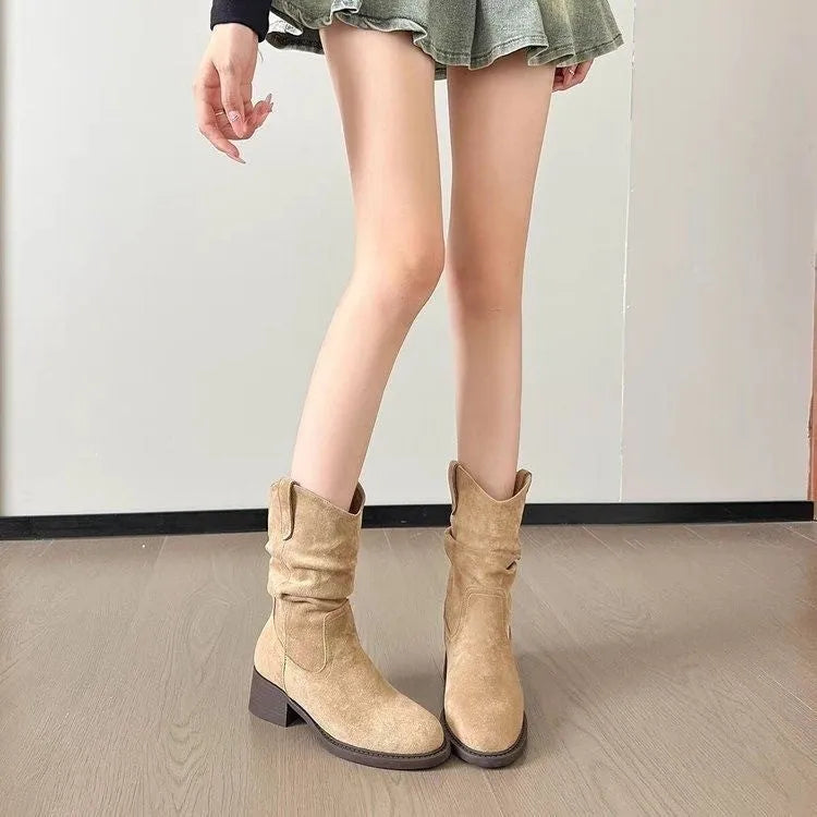 Women's solid colour suede chunky heel ankle boots with platform block heel in khaki colour