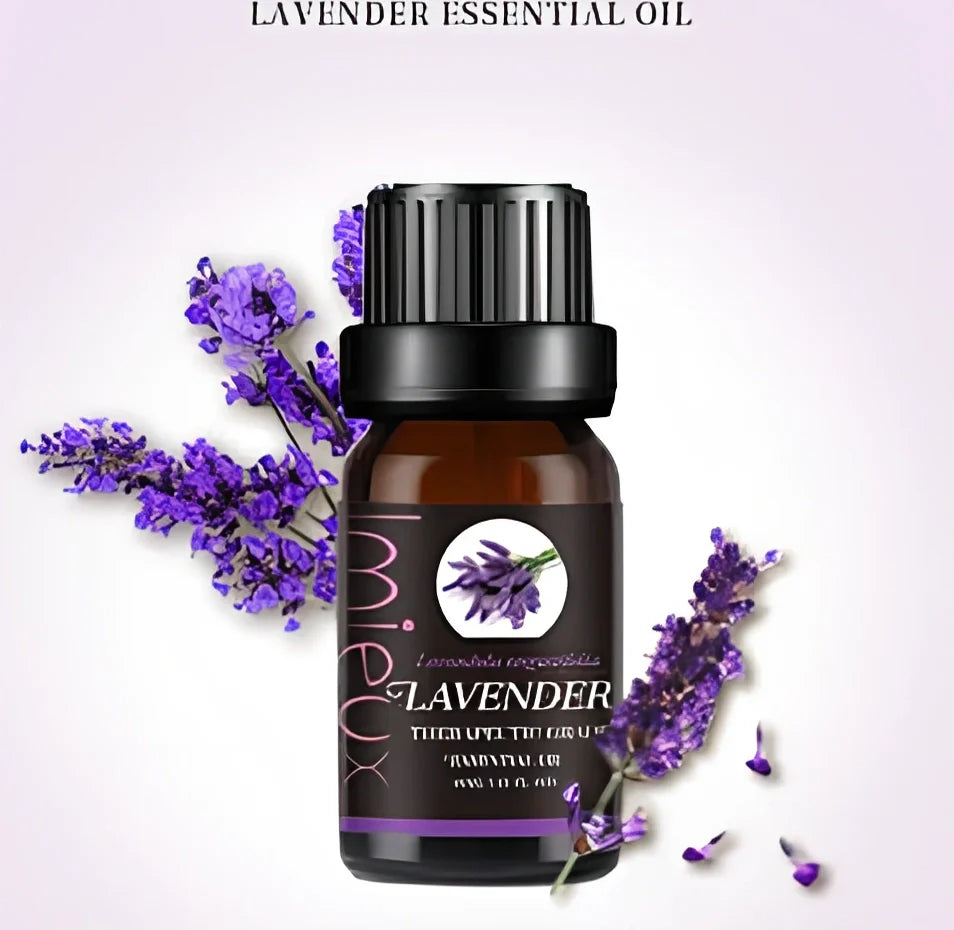 10ml dark glass bottle of therapeutic essential oil blend with lavender, citrus, and mint oils