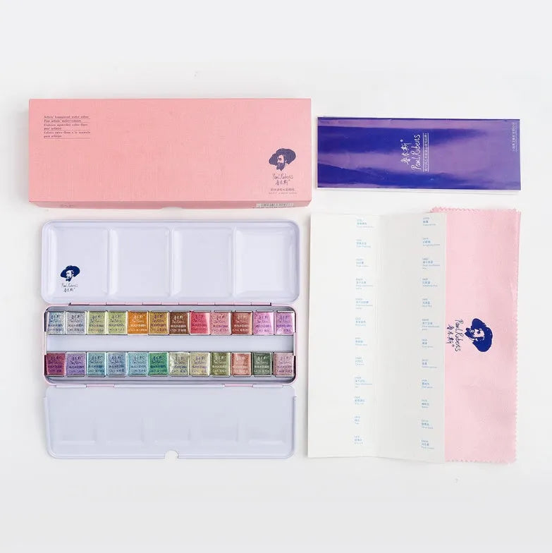 Solid watercolour paint set with pearl finish showing 12 or 24 colour pans.