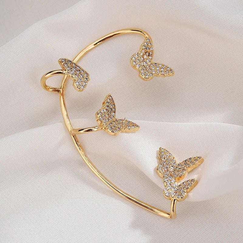 Sparkling butterfly-shaped ear cuffs with zircon stones, designed for fashionable jewelry without piercing