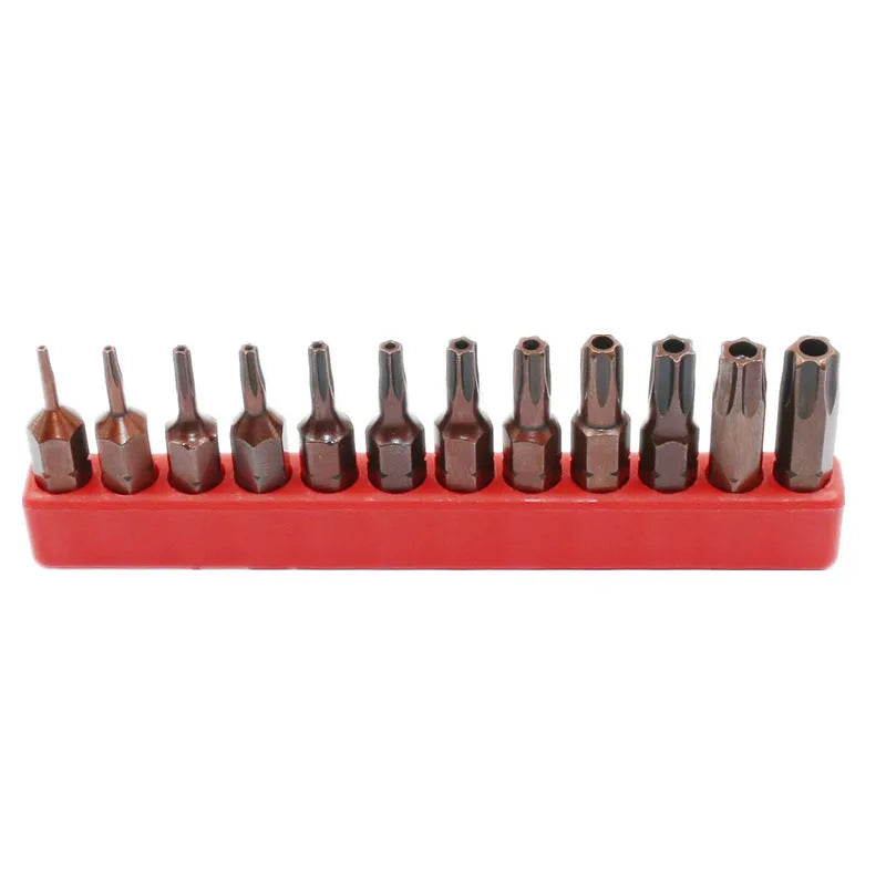 Black steel screwdriver bit set with magnetic tips showing T6 to T40 sizes, hollow and solid hex styles.